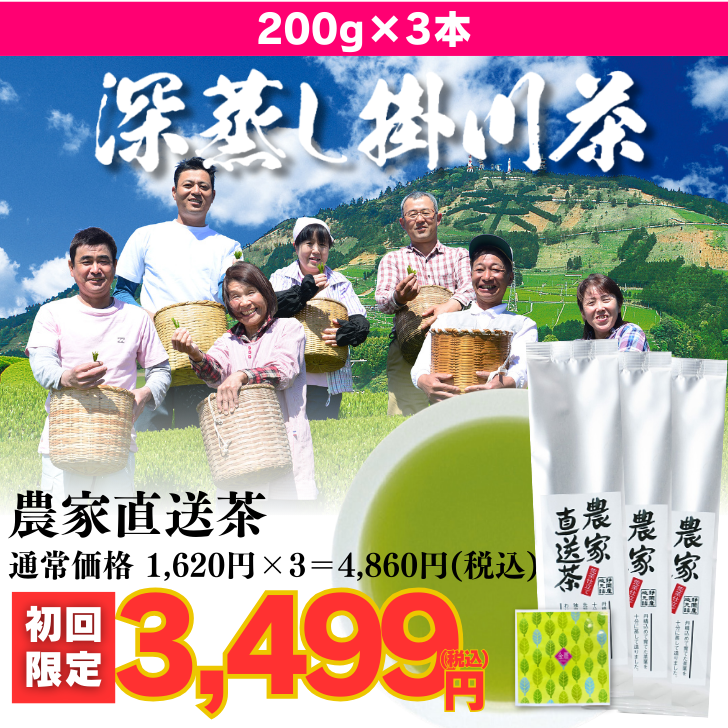 さらに10％引【初回限定】農家直送茶3袋(金扇一煎パック付)