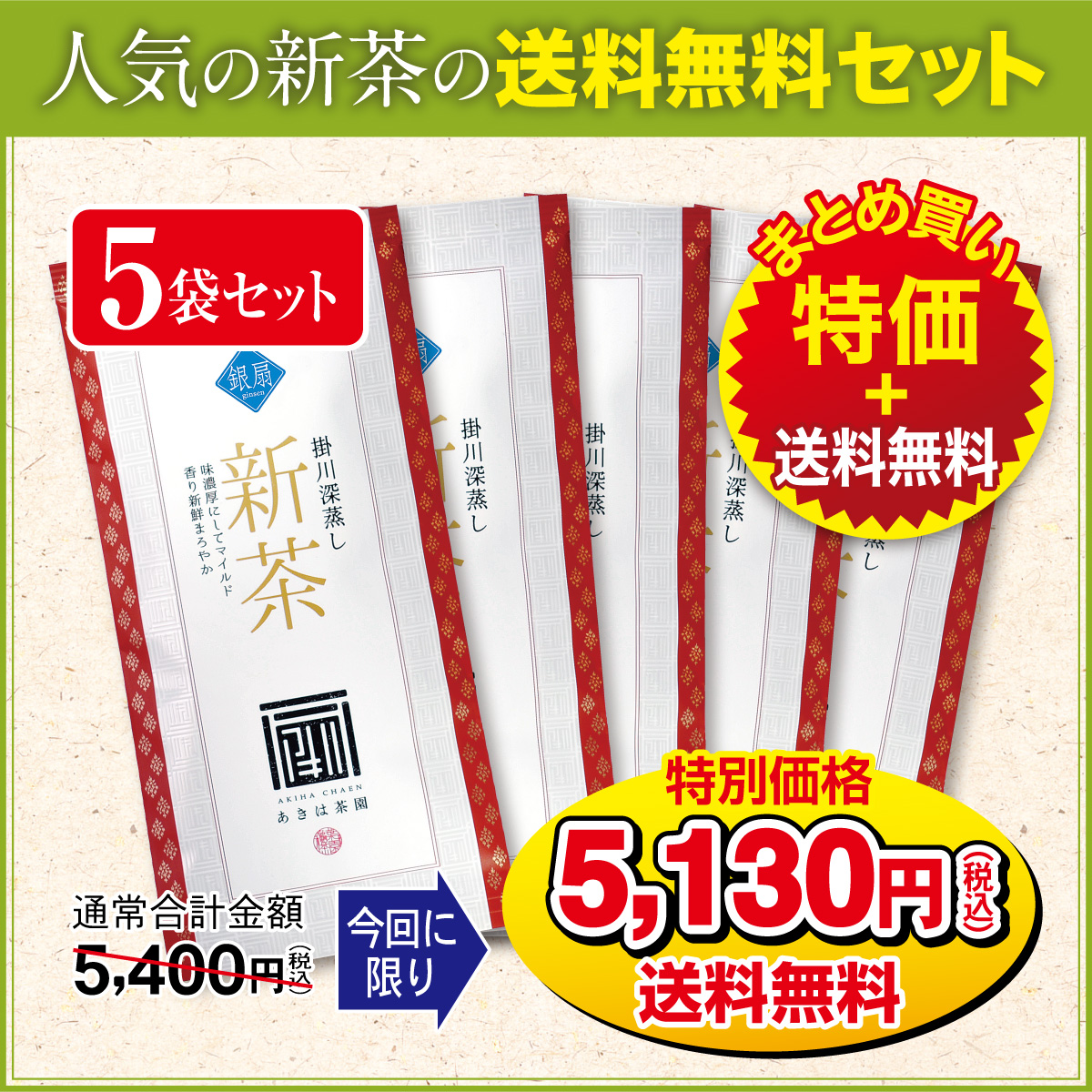 【新茶・特別価格+送料無料】銀扇（ぎんせん）100g平袋5袋セット【発売中】